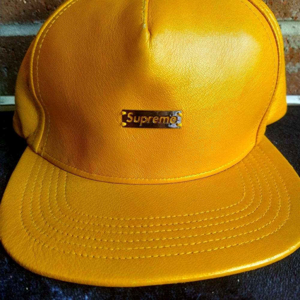 Supreme leather flat brim hat with gold box logo